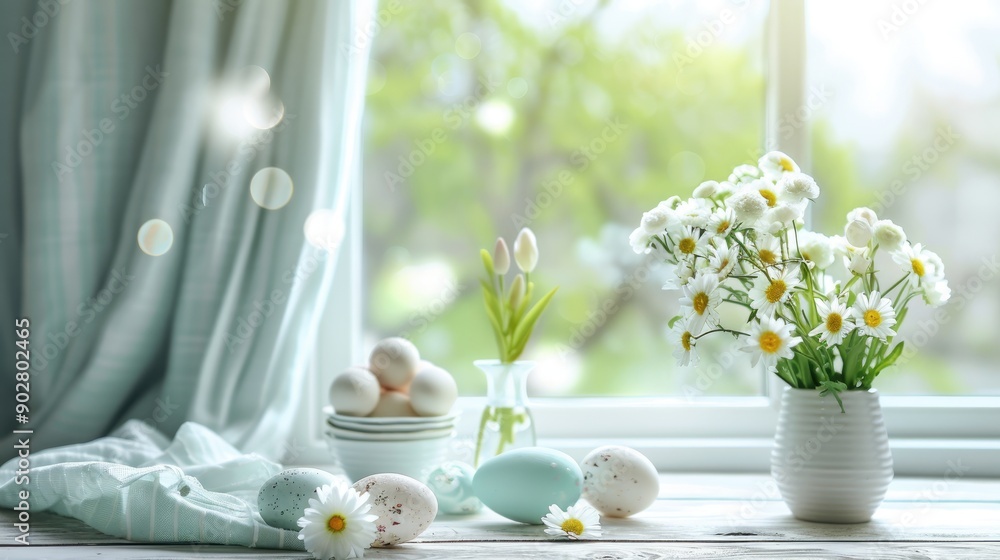 Poster spring themed table setting with empty space soft focus on window adorned with eggs and flowers