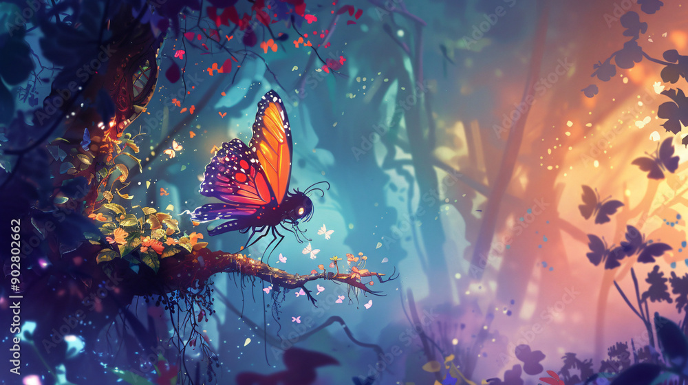 Aufkleber huge, amiable butterfly with large eyes perched on a branch, conversing with tiny mythical beings in