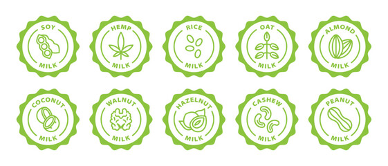 soy hemp rice oat almond coconut walnut hazelnut cashew peanut milk outline icon label isolated on transparent background, green stamp set, icon set