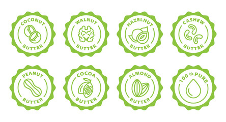 vegan butter icon set coconut walnut hazelnut cashew peanut cocoa almond butter pure black outline icon round rounded circle badge stamp label isolated on transparent background, green stamp, icon set