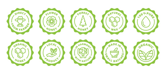 honey bees local farm food black outline icon round rounded circle badge stamp label isolated on transparent background, green stamp set, icon set