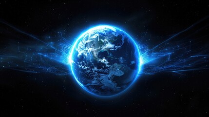 Obraz premium Glowing Globe with Radiating Lines Representing Internet Networks and Immersive Technology Concept, Global Connectivity