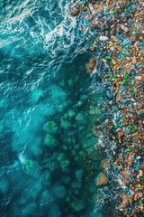 A blue ocean with a large amount of plastic waste floating on the surface. Concept of environmental destruction and the need for action to protect our oceans