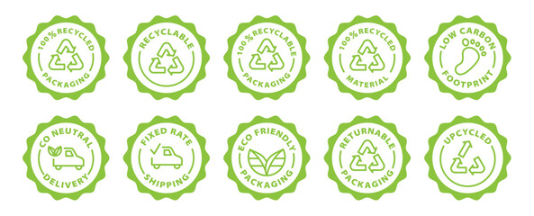 recycling recycled recyclable returnable packaging upcycled fixed rate shipping outline icon round rounded circle badge stamp label isolated on transparent background, green stamp set, icon set