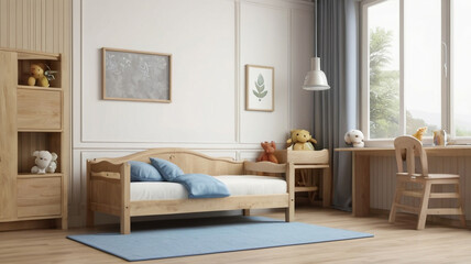 Fototapeta premium A charming children's bedroom featuring wooden furniture, soft lighting, and natural light. Ideal for home decor inspiration, interior design, and cozy bedroom ideas.