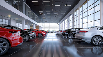 car showroom with cars, business, sale, transport, dealership center, modern building, architecture, windows, retail, store, service, consumerism