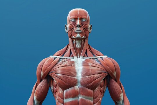 Close up pectoral muscles of the human body anatomy isolated on blue scienes background