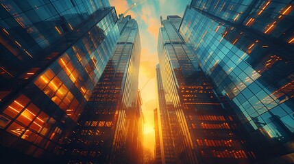 Golden Sunset Illuminates Tall Glass Skyscrapers in Urban Cityscape During Evening Hours