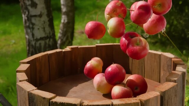 Ripe delicious red apples are falling into the wooden barell outdoors. High quality 4k footage