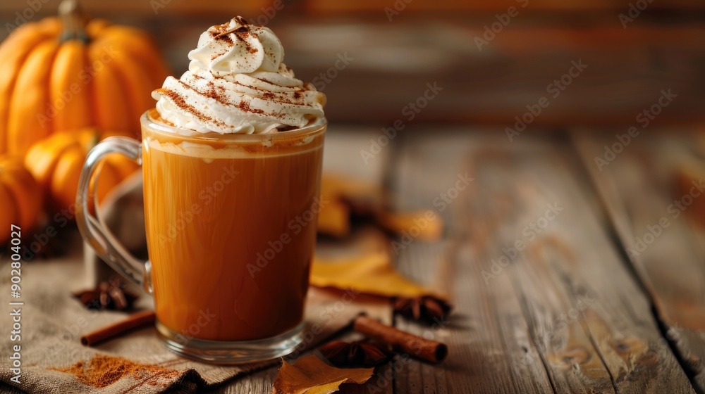 Canvas Prints pumpkin latte with whipped cream and spices on wooden surface with pumpkins blank space