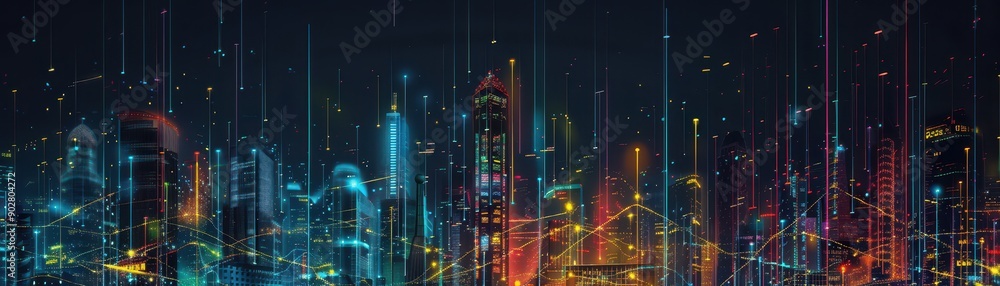 Poster a colorful cityscape with neon lights and a futuristic vibe. the image is a work of art that capture