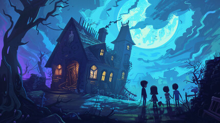 Illustration of a group of children looking at haunted house with bats flying over blue moon