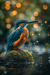 Fototapeta premium Kingfisher catches fish from the water in the forest river.