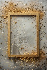 A gold frame with glitter on it. The frame is on a grey surface