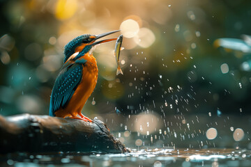 Obraz premium Kingfisher catches fish from the water in the forest river.