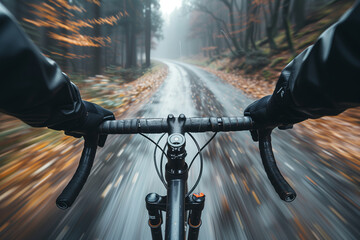 Cyclist on paved road Two hands on bicycle handlebars Motion blur background.