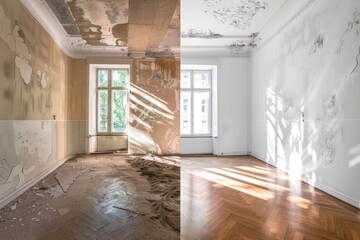 room, showing a dramatic before-and-after renovation transformation