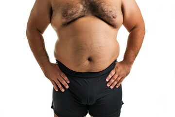 Naklejka premium Cropped image of sporty fat man with fat abs in underwear Isolated on white background
