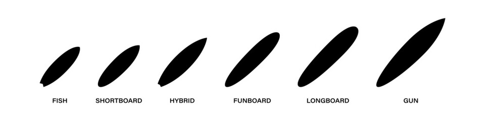 Surfing board types vector set. Surfboard silhouette type collection.