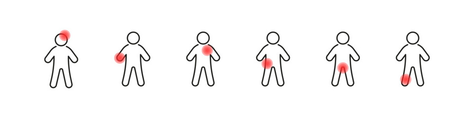 Human body pain point vector icon set. Ache injury icons.