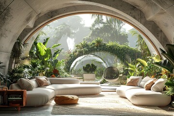 Fototapeta premium Futuristic Bio-Dome Living Room with a lush indoor ecosystem, transparent dome ceiling, and a futuristic, eco-conscious design