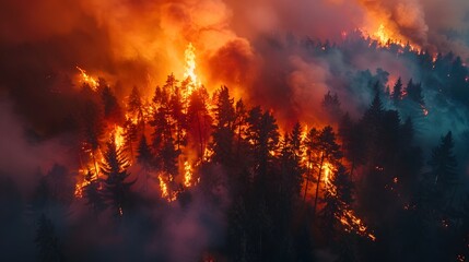 Aerial View of Forest Fire. Devastating natural disaster concept