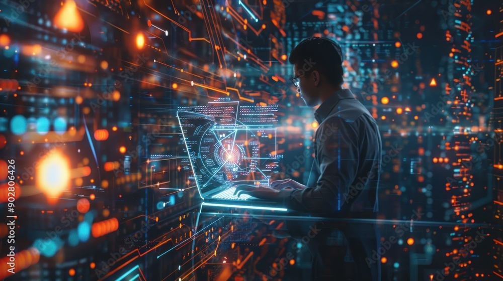 Poster cyberpunk programmer working on a digital interface