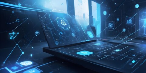 digital painting, A futuristic digital interface with various icons and symbols, including an AI logo, against a blurred blue background with geometric shapes and lines, suggesting advanced technology