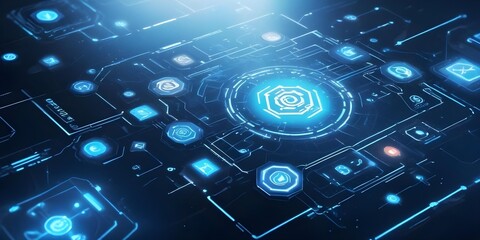 digital painting, A futuristic digital interface with various icons and symbols, including an AI logo, against a blurred blue background with geometric shapes and lines, suggesting advanced technology