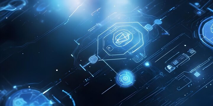 digital painting, A futuristic digital interface with various icons and symbols, including an AI logo, against a blurred blue background with geometric shapes and lines, suggesting advanced technology - Powered by Adobe