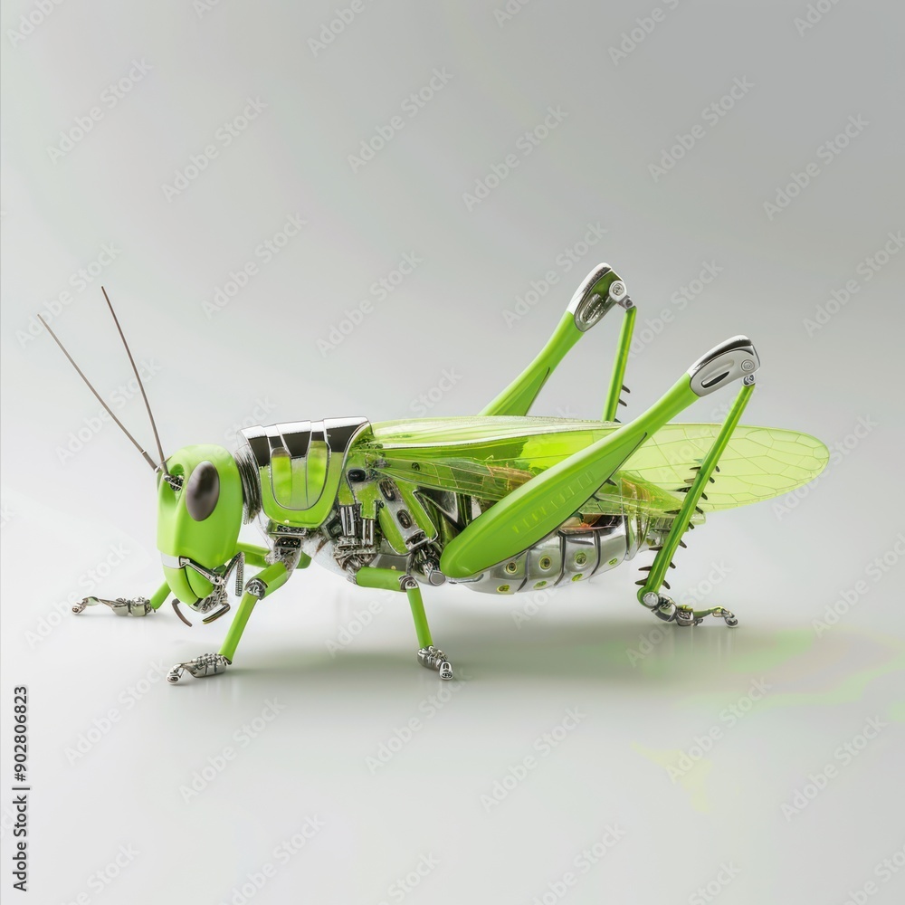 Poster glowing green mechanical grasshopper - futuristic insect robot on white surface, generative ai