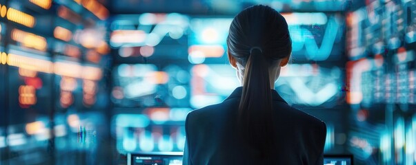 Business professional analyzing data on multiple screens in a dark room. Concept of technology, finance, and data analysis.