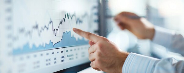 Business professional analyzing financial data on a digital screen in a modern office environment, pointing to graph trends for investment decisions.