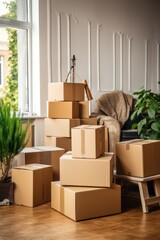 Fototapeta premium A room full of cardboard boxes and a potted plant