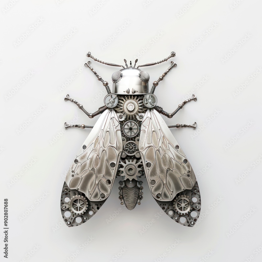 Poster metallic insect with intricate gears and cogs on clean white background - futuristic steampunk desig
