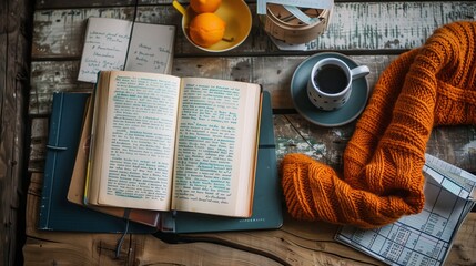 A student's desk with an open book, coffee, and a knitted scarf.