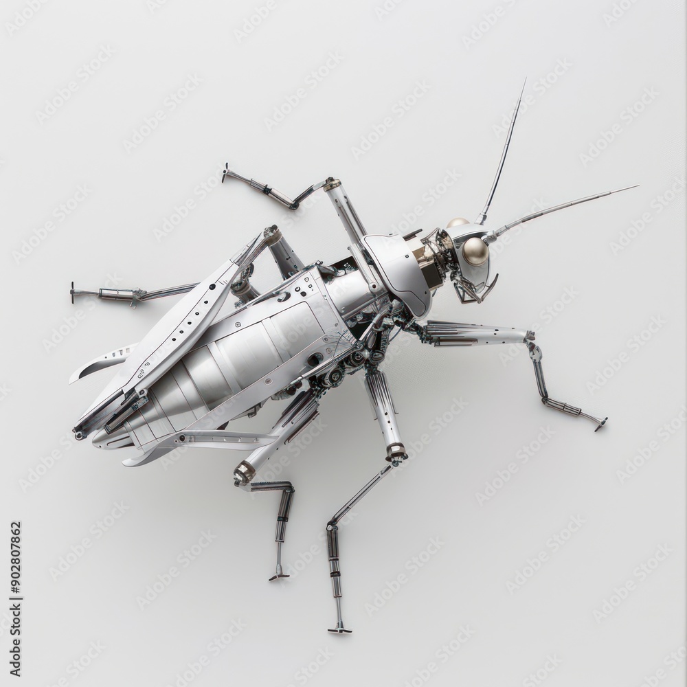 Poster futuristic silver grasshopper with intricate robotic joints on white canvas, generative ai