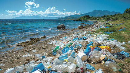 A polluted beach with plastic bottles and trash littering the shore, highlighting severe ocean pollution issues.