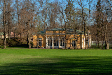 View of the pavilion Evening Hall in the Catherine Park of Tsarskoye Selo on a sunny spring day,...