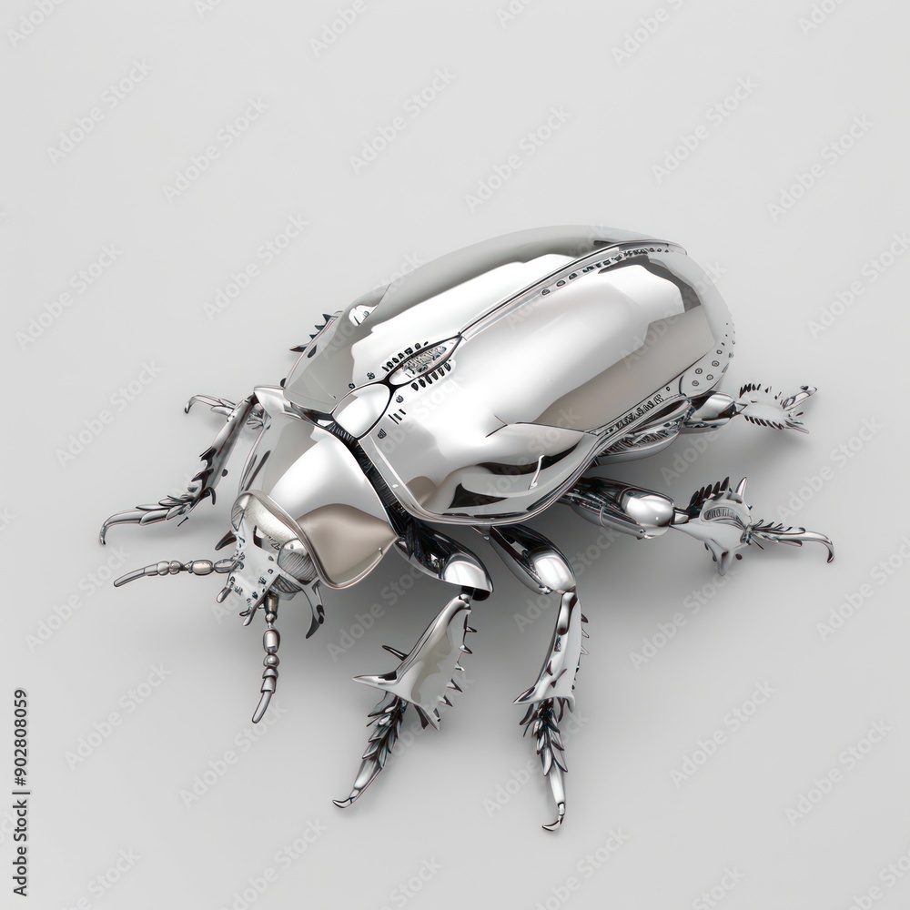 Poster shiny titanium beetle - intriguing metallic insect with segmented exoskeleton on white background, g