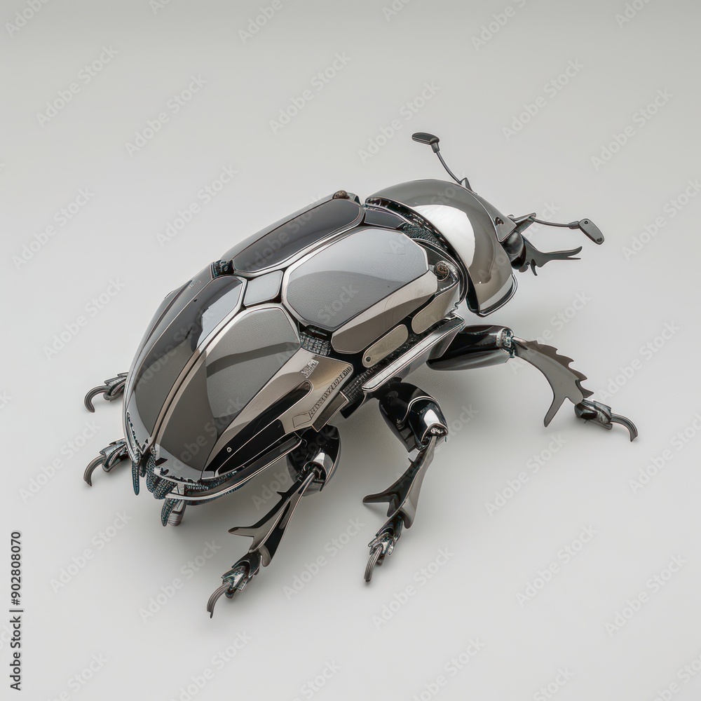 Poster shiny titanium beetle with segmented exoskeleton on white surface - futuristic insect design concept