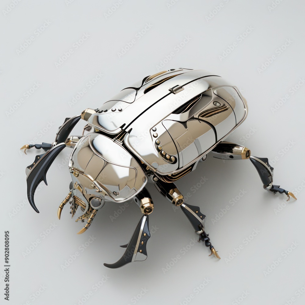 Poster shiny titanium beetle with segmented exoskeleton on white surface - conceptual futuristic insect des