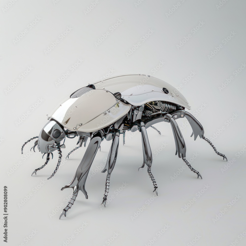 Poster shiny titanium beetle with segmented exoskeleton on white surface - futuristic insect design concept