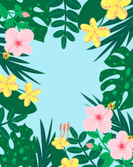 Illustration of a botanical background featuring various tropical leaves and flowers, with a text placeholder. Ideal for social media posts, mobile apps, banner design, and ads. Hand-drawn vector