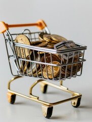 A small shopping cart filled with shiny coins, symbolizing savings and finance. Perfect for business and financial themes.