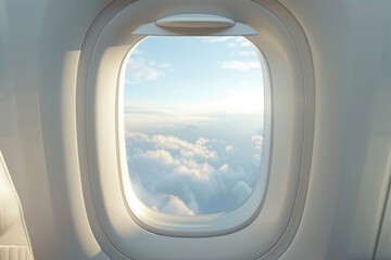 View of clouds and blue sky through an airplane window with seatbelt in place