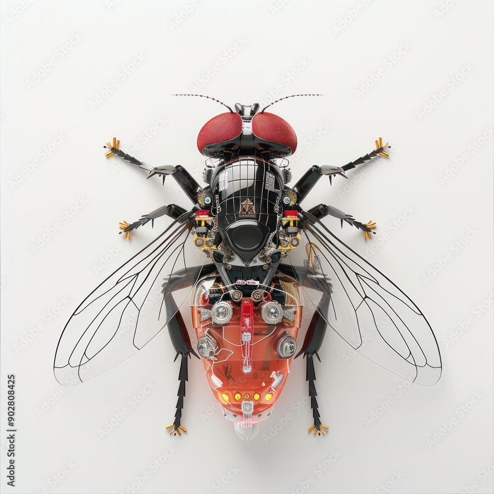 Poster futuristic robotic fly with embedded microchips on white background - concept of nano technology inn