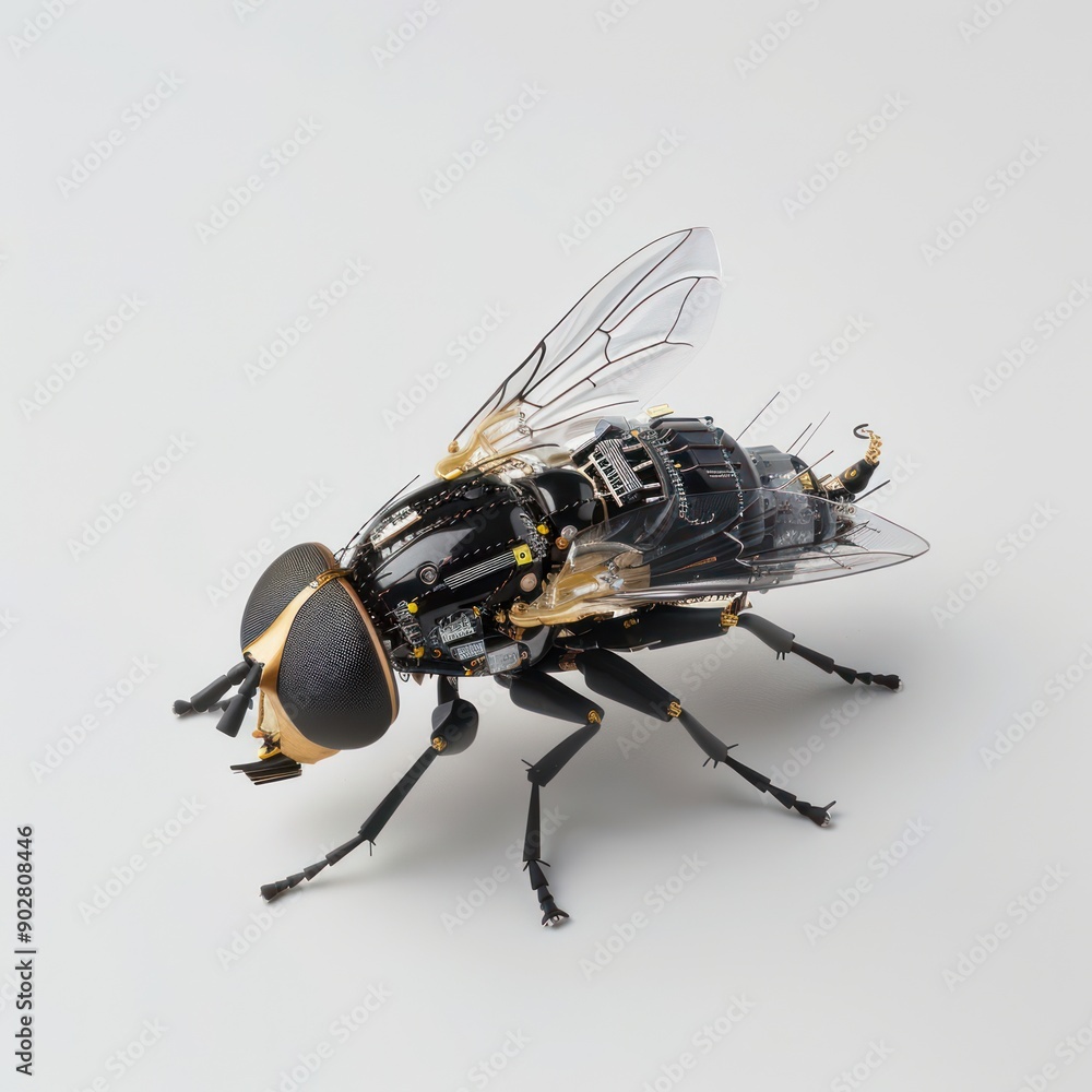 Poster shiny titanium fly with segmented exoskeleton on white surface conceptual futuristic insect design, 