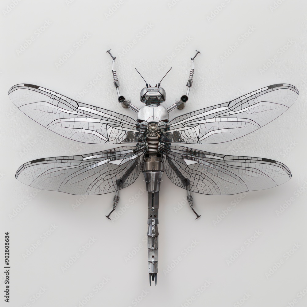 Poster futuristic titanium dragonfly with segmented robotic wings on white background, generative ai