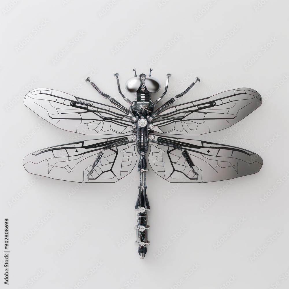 Poster technological marvel - titanium dragonfly with segmented robotic wings on white background, generati